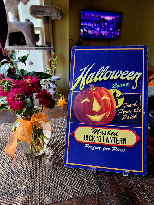 Metal Halloween Sign Wall Hanging Vintage Style Mashed Jack O Lantern 15.5x9.5"