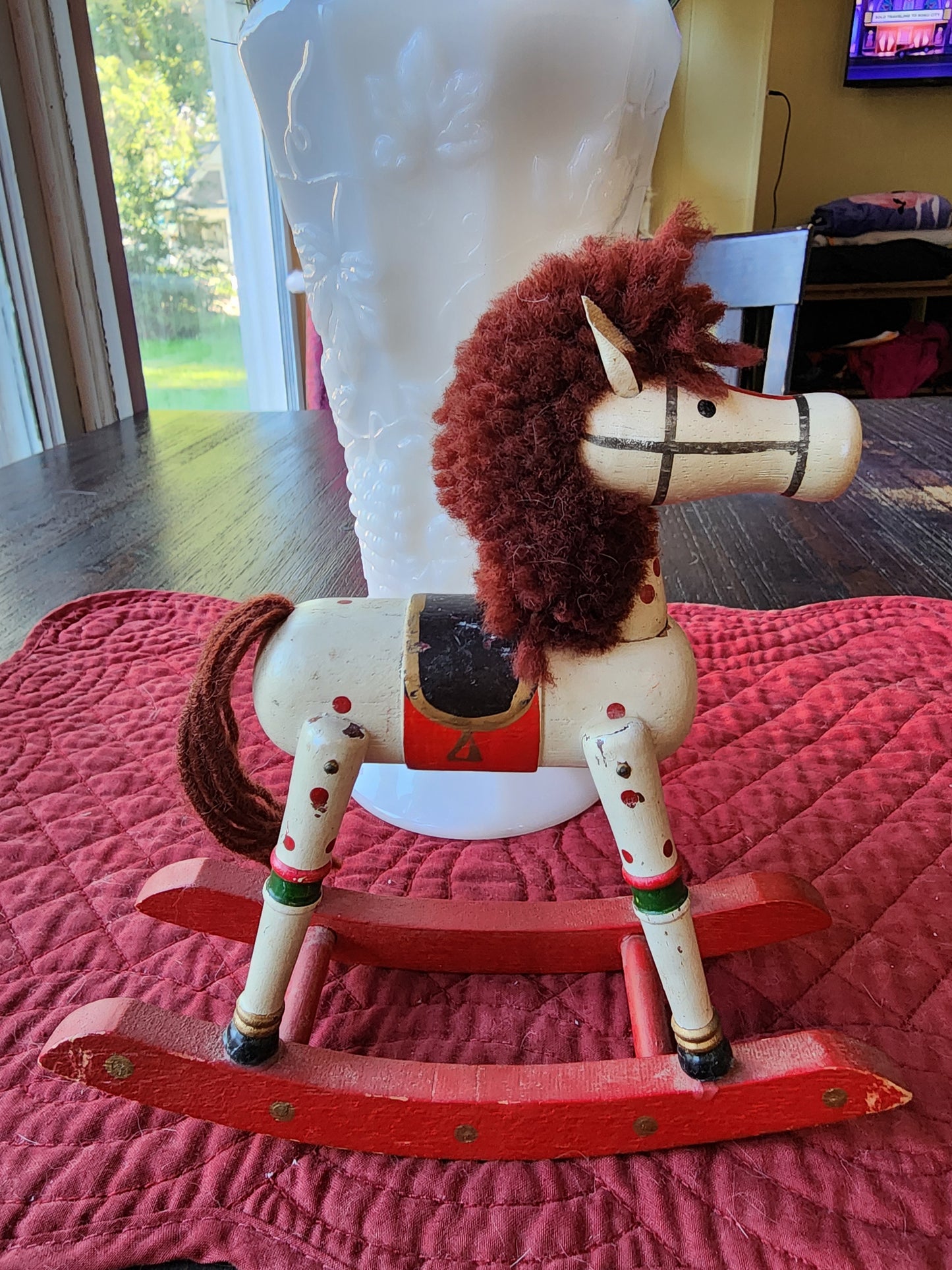 Vintage Hand Painted White Wooden Rocking Horse Christmas Decoration Figurine