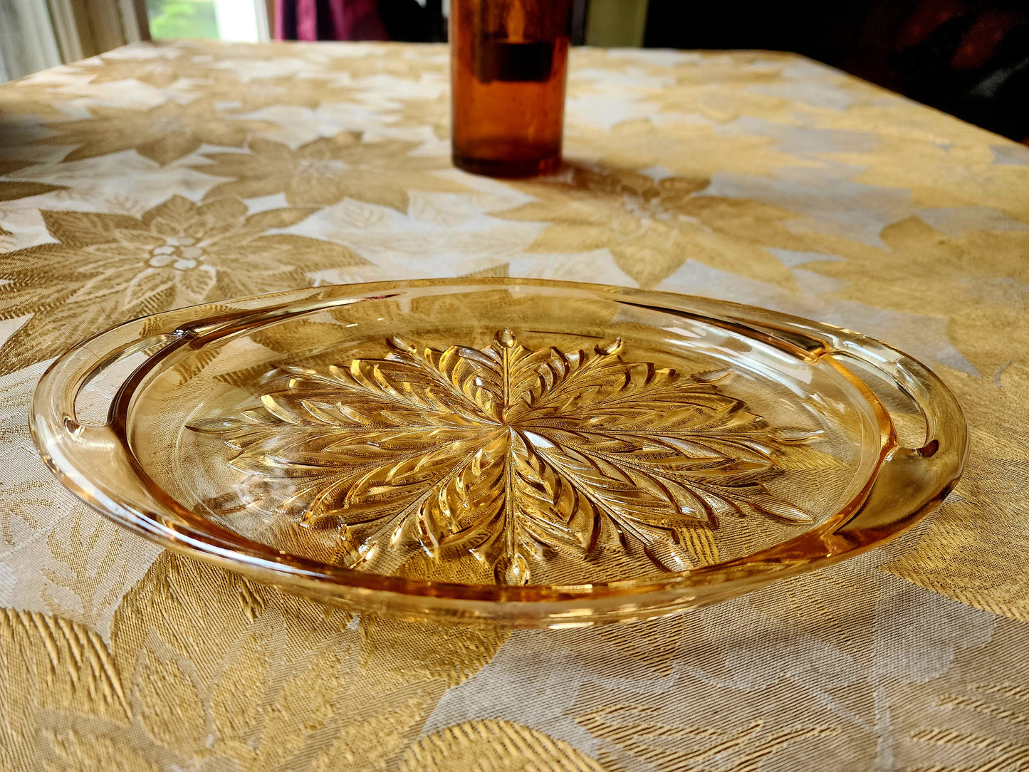 Vintage Amber Pressed Oval Glass Relish Tray Snowflake Embossed Pattern 10" x 6"