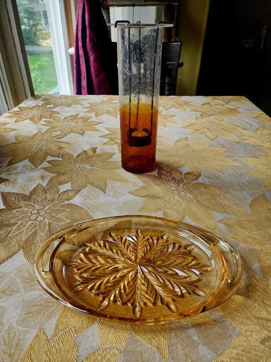 Vintage Amber Pressed Oval Glass Relish Tray Snowflake Embossed Pattern 10" x 6"