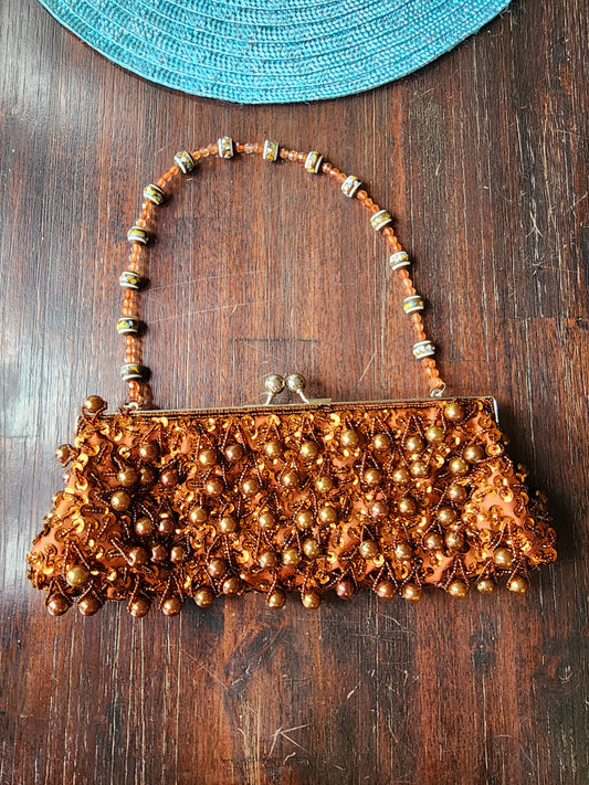 Brown Beaded Antique Purse With Close Clasp