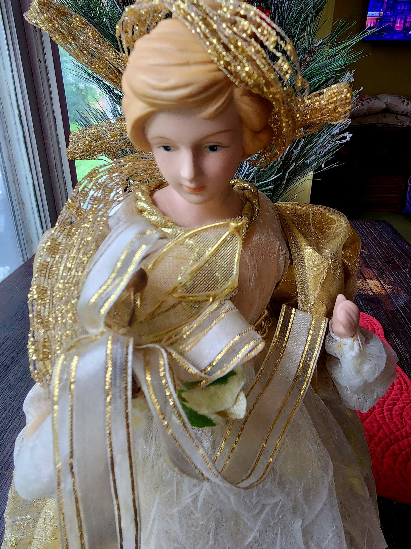 Angel Christmas Tree Topper in Gold Dress & Ribbon 16" Tall