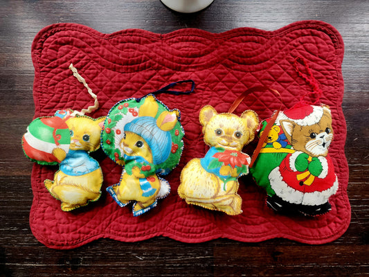 4 Vintage 1970's Fabric Handmade Stuffed Bunny & Cats Christmas Ornaments