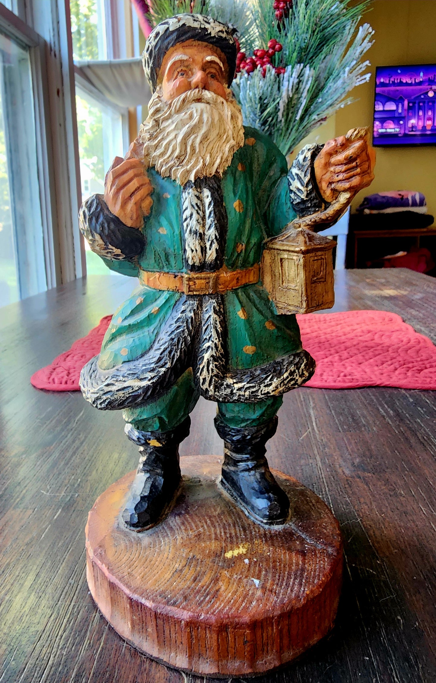 Wooden Vintage Folk Art Green Suit Santa Holding Lantern and Sack of Toys