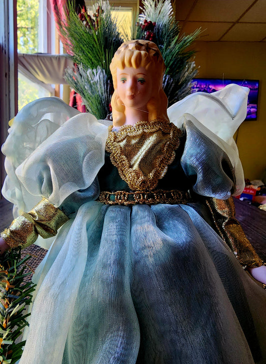 Vintage Victorian Angel Green Dress Christmas Tree Topper Decor Porcelain 10“