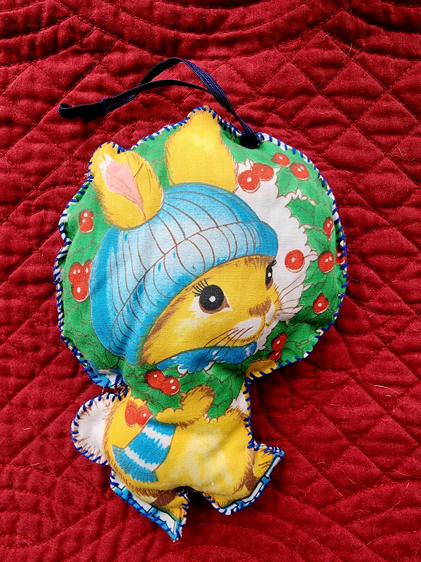 4 Vintage 1970's Fabric Handmade Stuffed Bunny & Cats Christmas Ornaments