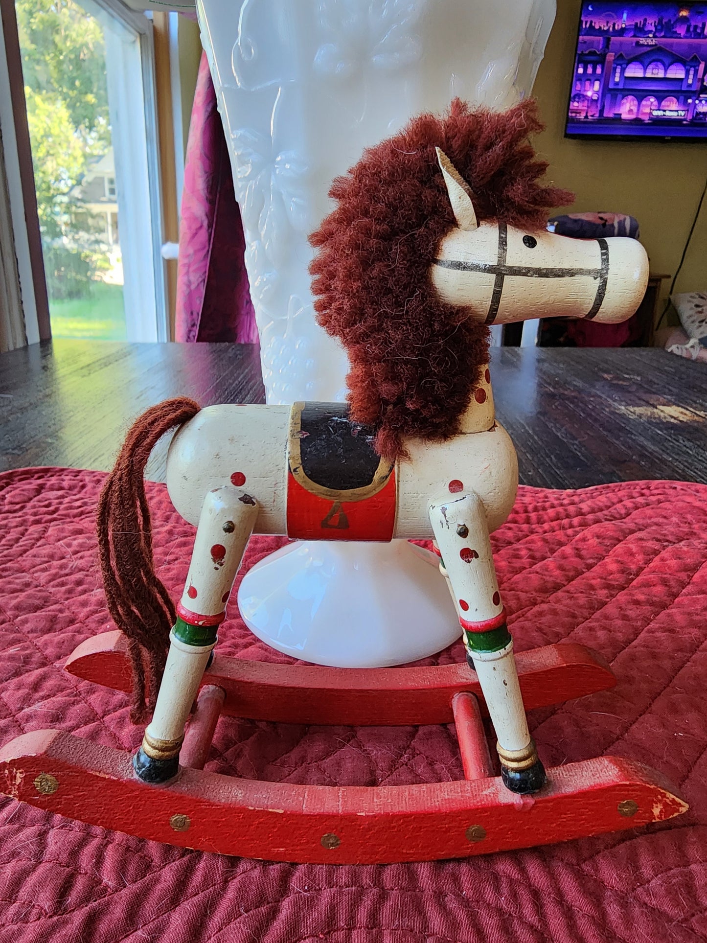 Vintage Hand Painted White Wooden Rocking Horse Christmas Decoration Figurine