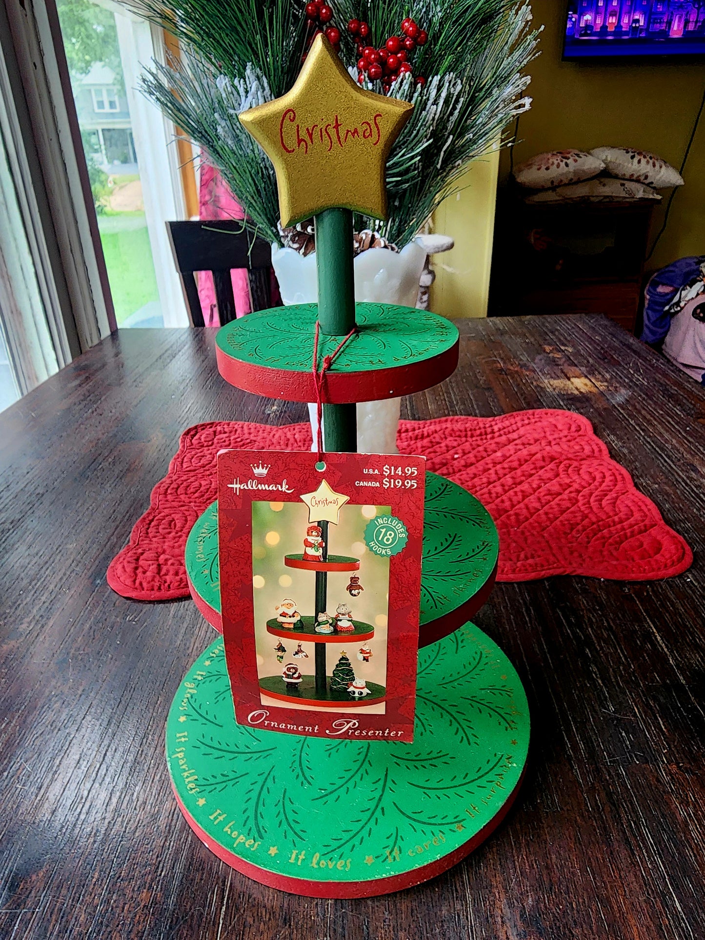 Hallmark Wood Christmas Tree Ornament Stand/Display 14" Tall, Includes Hooks