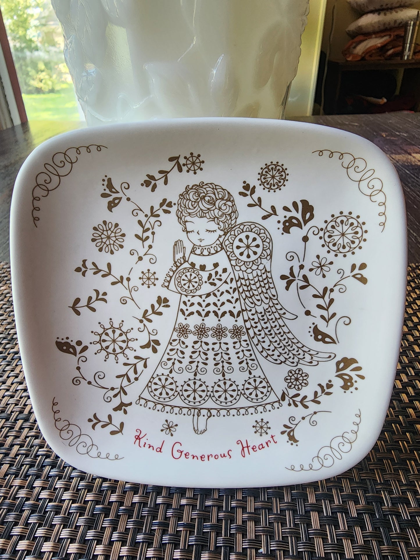 2 Hallmark Decorative Square Plates with Gold Angel Design "Kind Generous Heart" and "Gentle Loving Season"