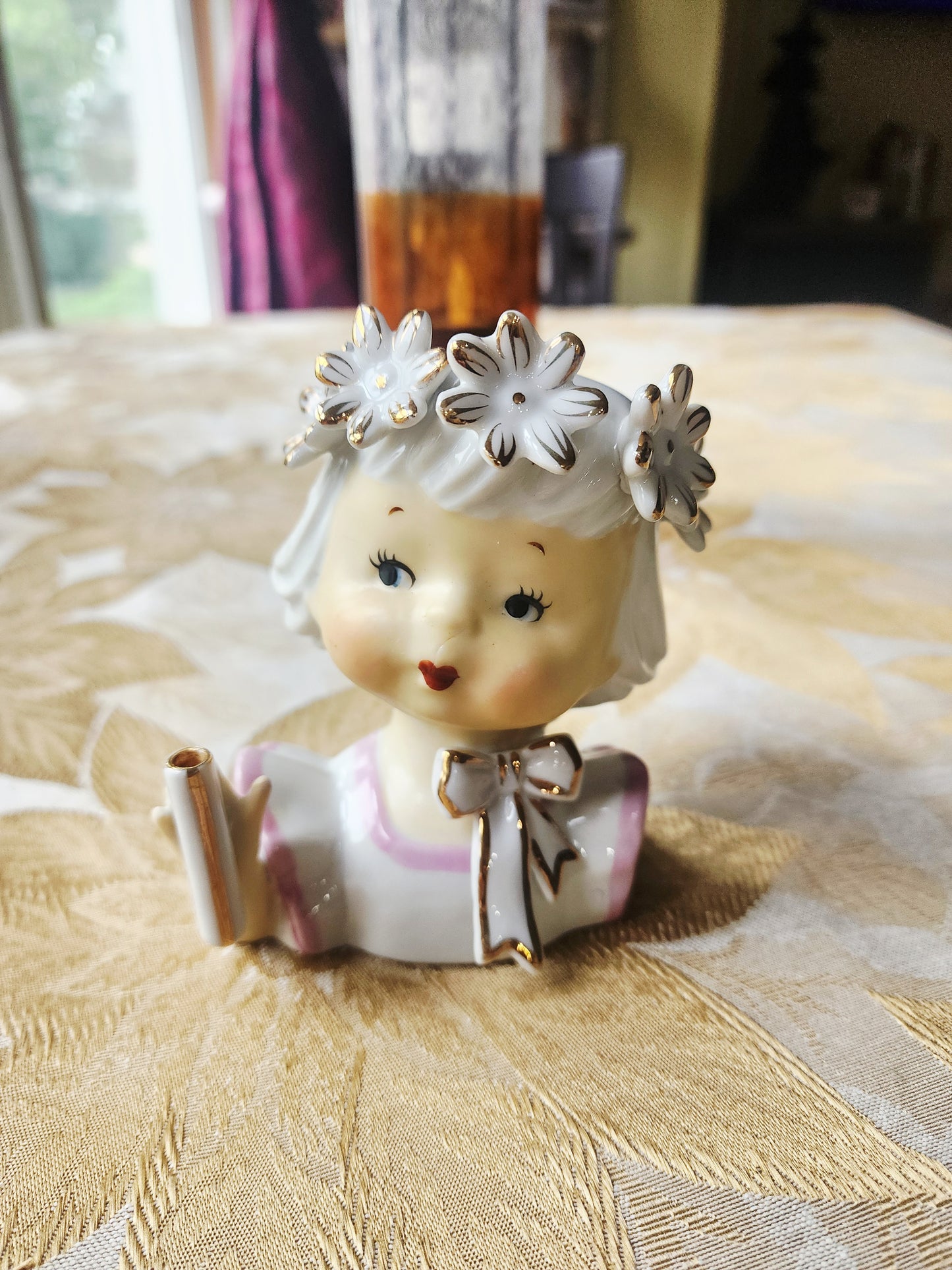 Vintage Napco Head Vase Girl with Floral Crown, Bow, Pink and White Dress 1950s