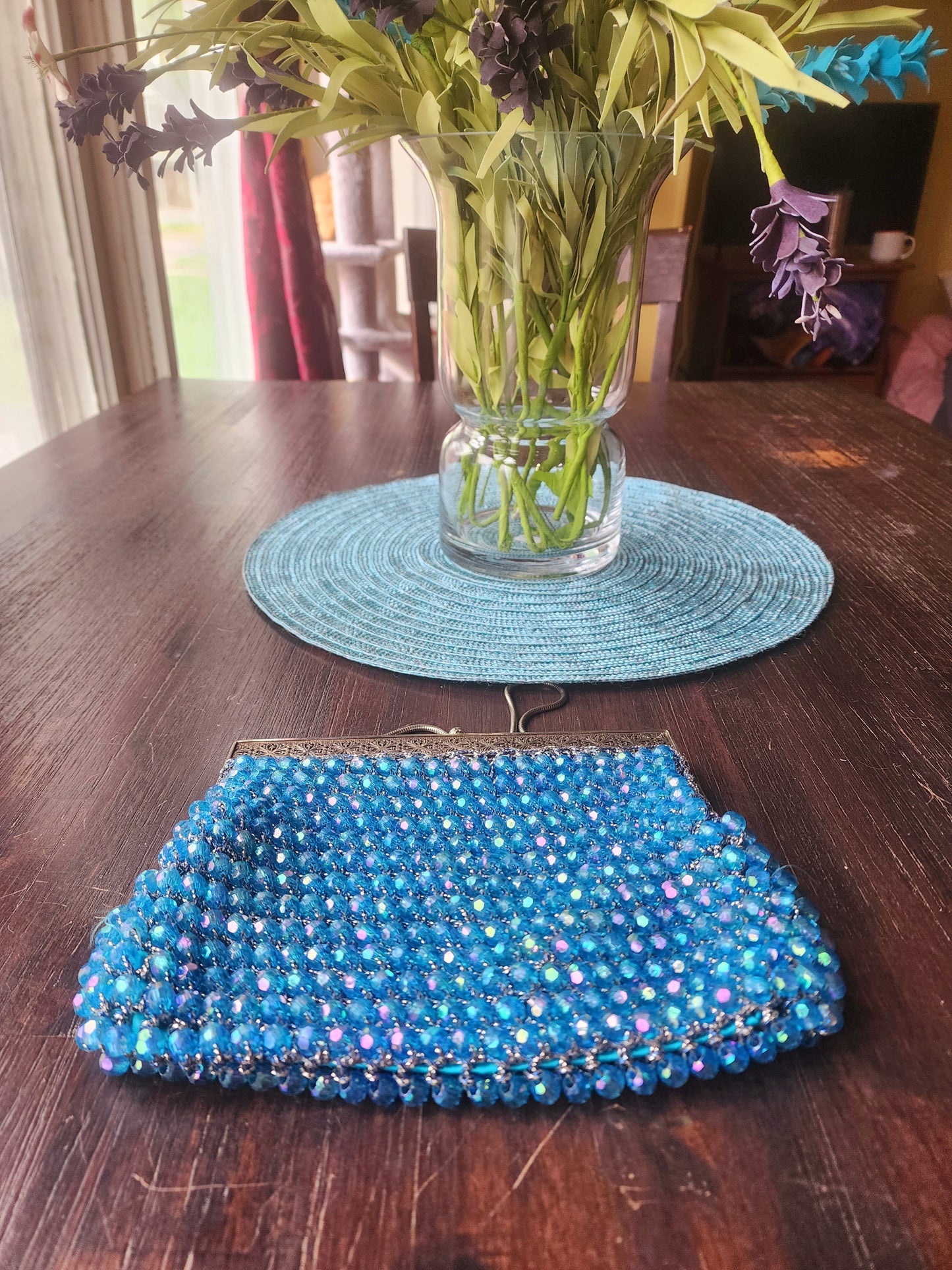 Vintage Shiny Blue Beaded Evening Purse With Silver Design and Close Clasp
