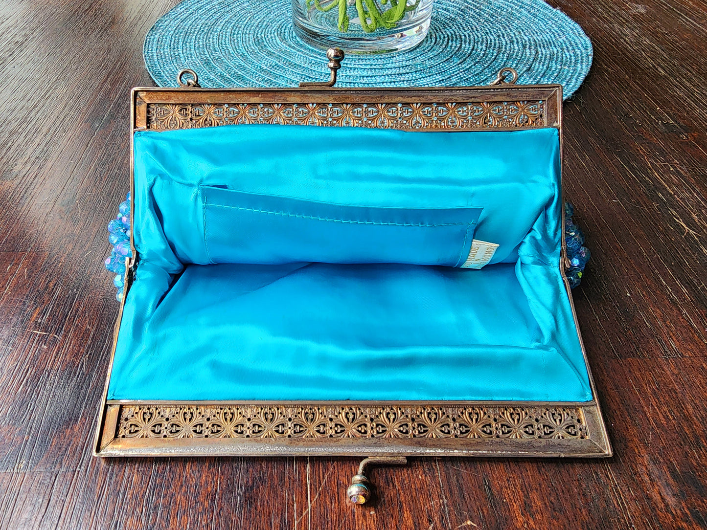 Vintage Shiny Blue Beaded Evening Purse With Silver Design and Close Clasp