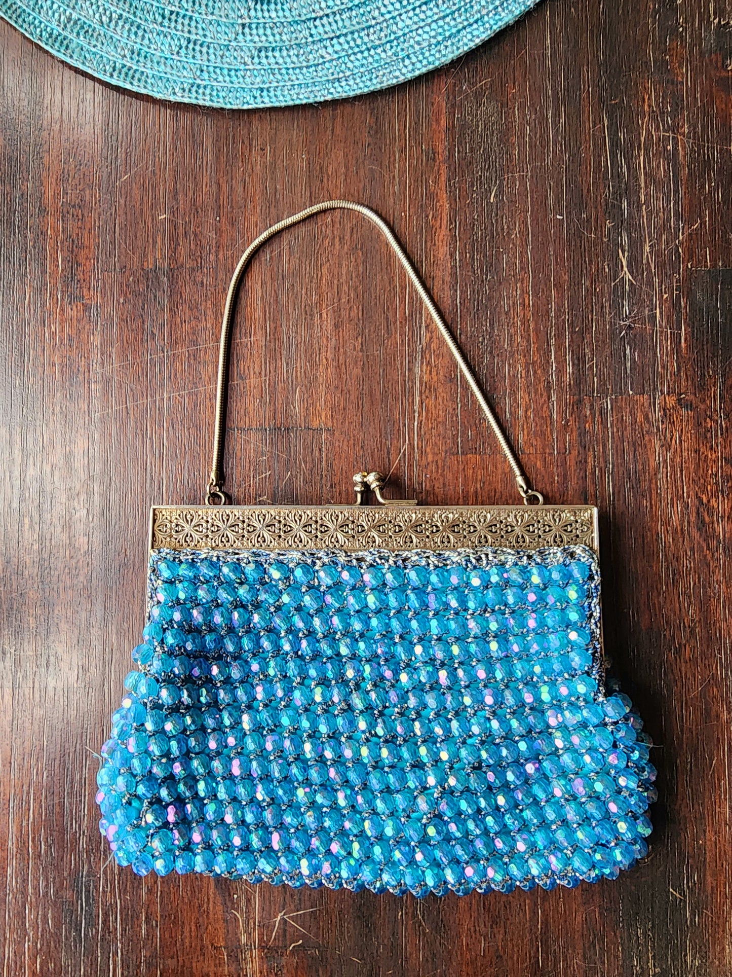 Vintage Shiny Blue Beaded Evening Purse With Silver Design and Close Clasp