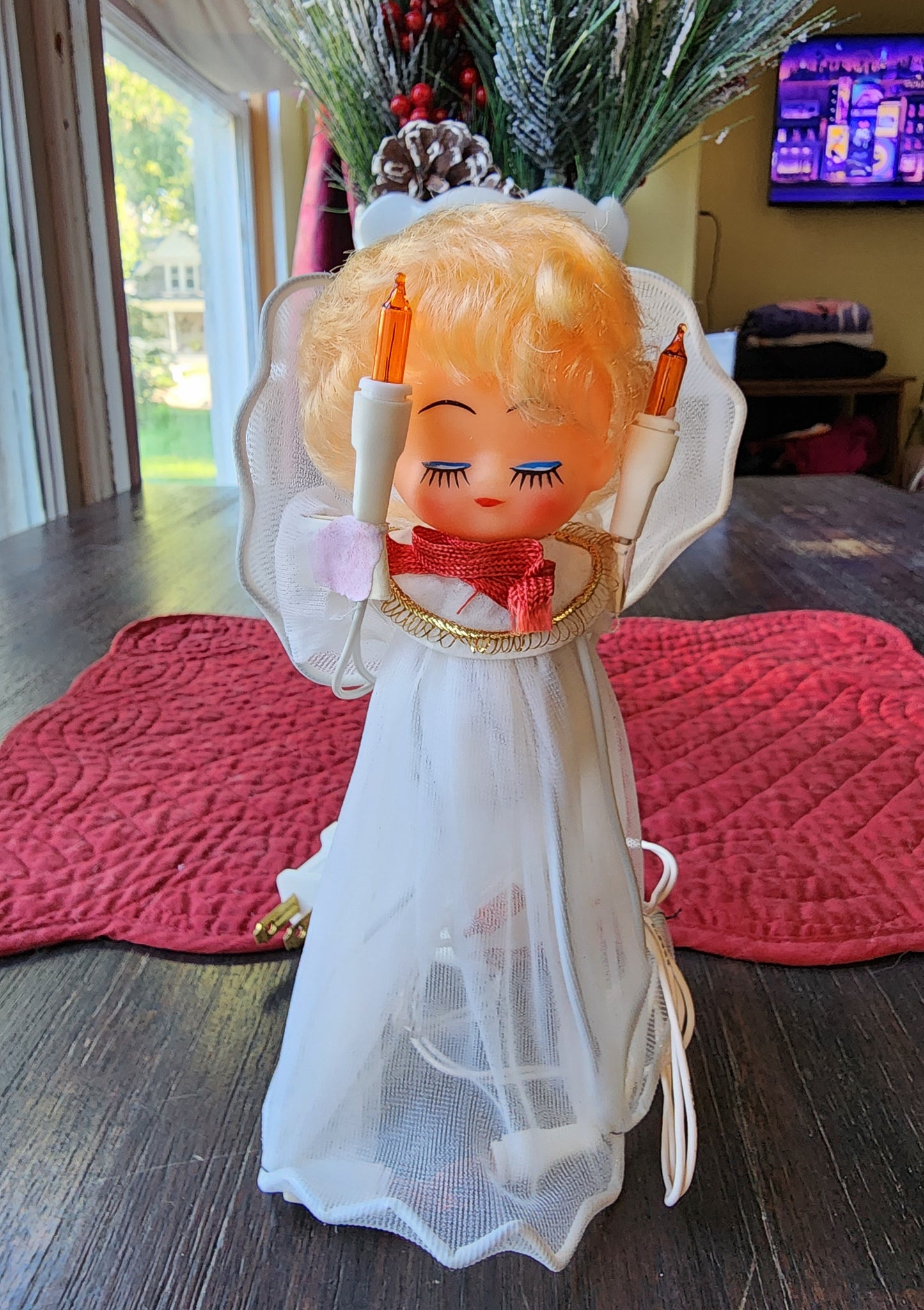 Vintage 1960s Christmas Angel Tree Topper with Blonde Curly Hair 8" Lights Up WORKS