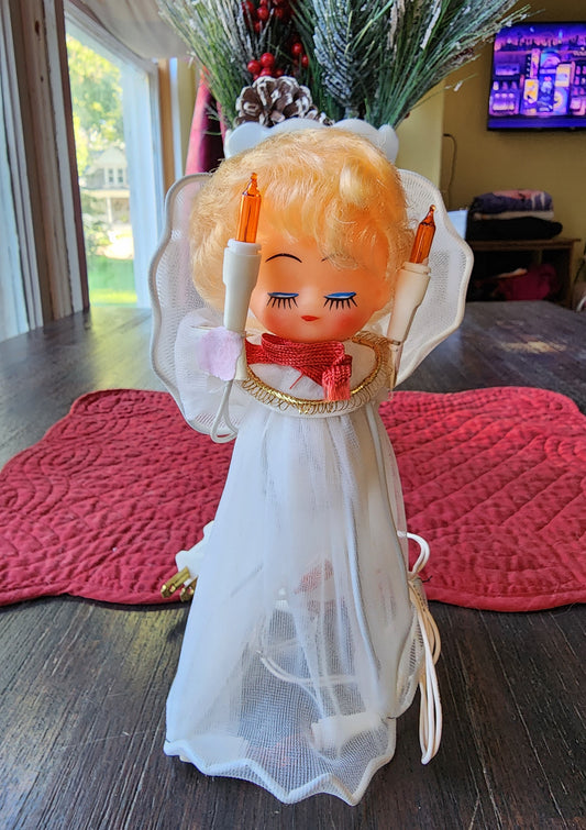 Vintage 1960s Christmas Angel Tree Topper with Blonde Curly Hair 8" Lights Up WORKS