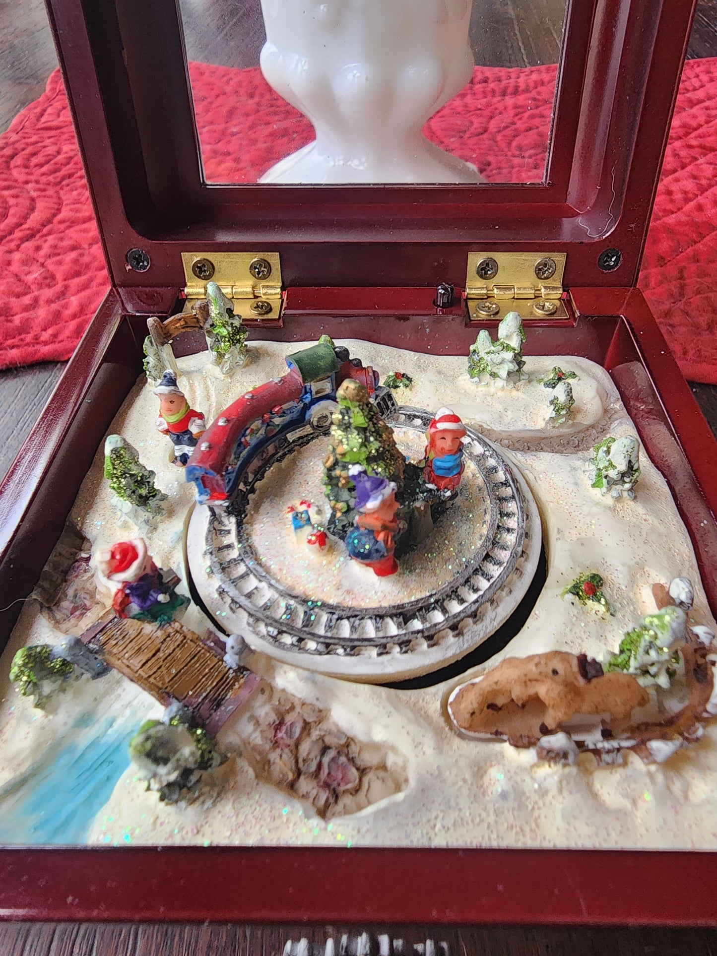 Winter Scene Train Turns Animated Music Box "We Wish You A Merry Christmas"