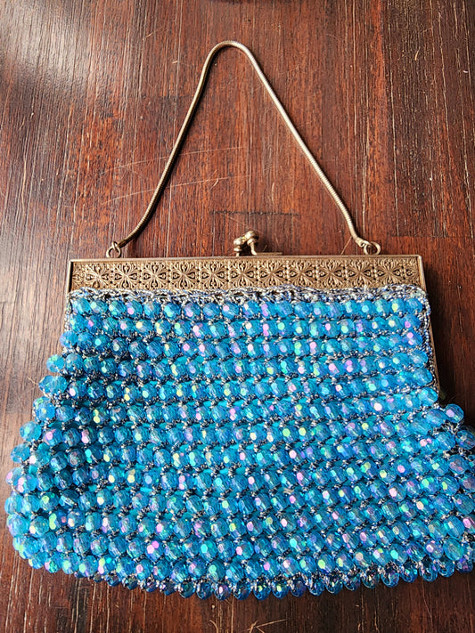 Vintage Shiny Blue Beaded Evening Purse With Silver Design and Close Clasp