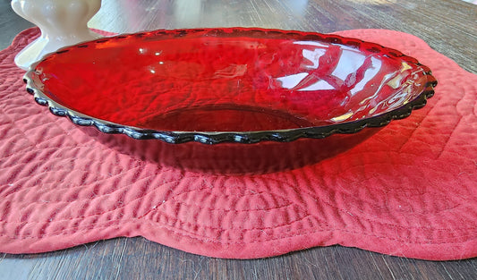 Vintage Oval Rub Red Ruffle Edge Serving Bowl Glass 8 1/2 inches