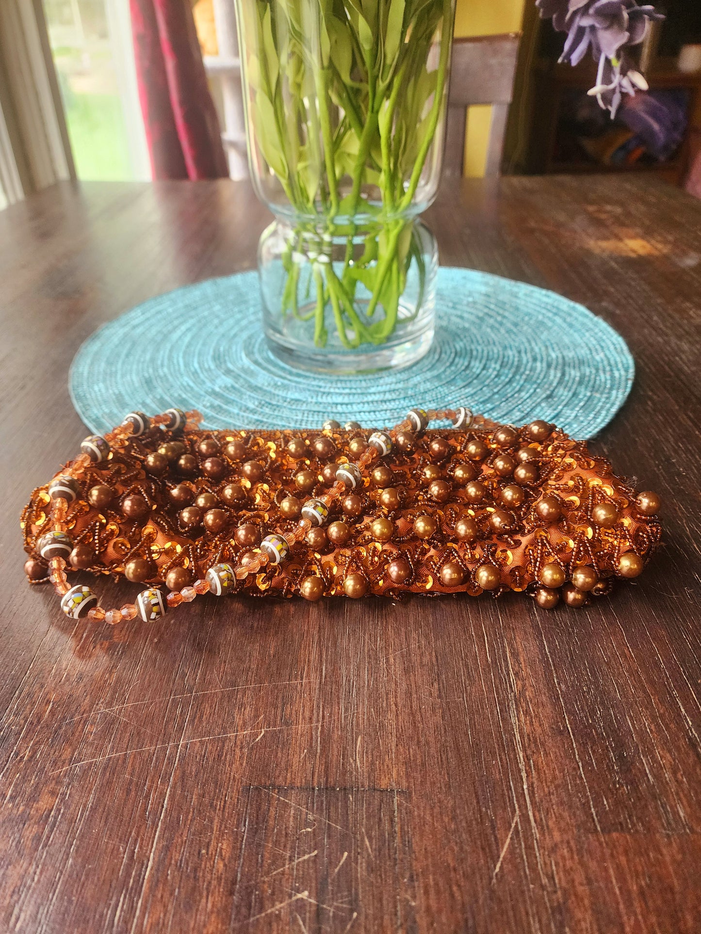 Brown Beaded Antique Purse With Close Clasp