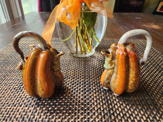 Fall Harvest Majolica Pottery Pumpkin Decoration Orange and Brown Glaze, 2 Included