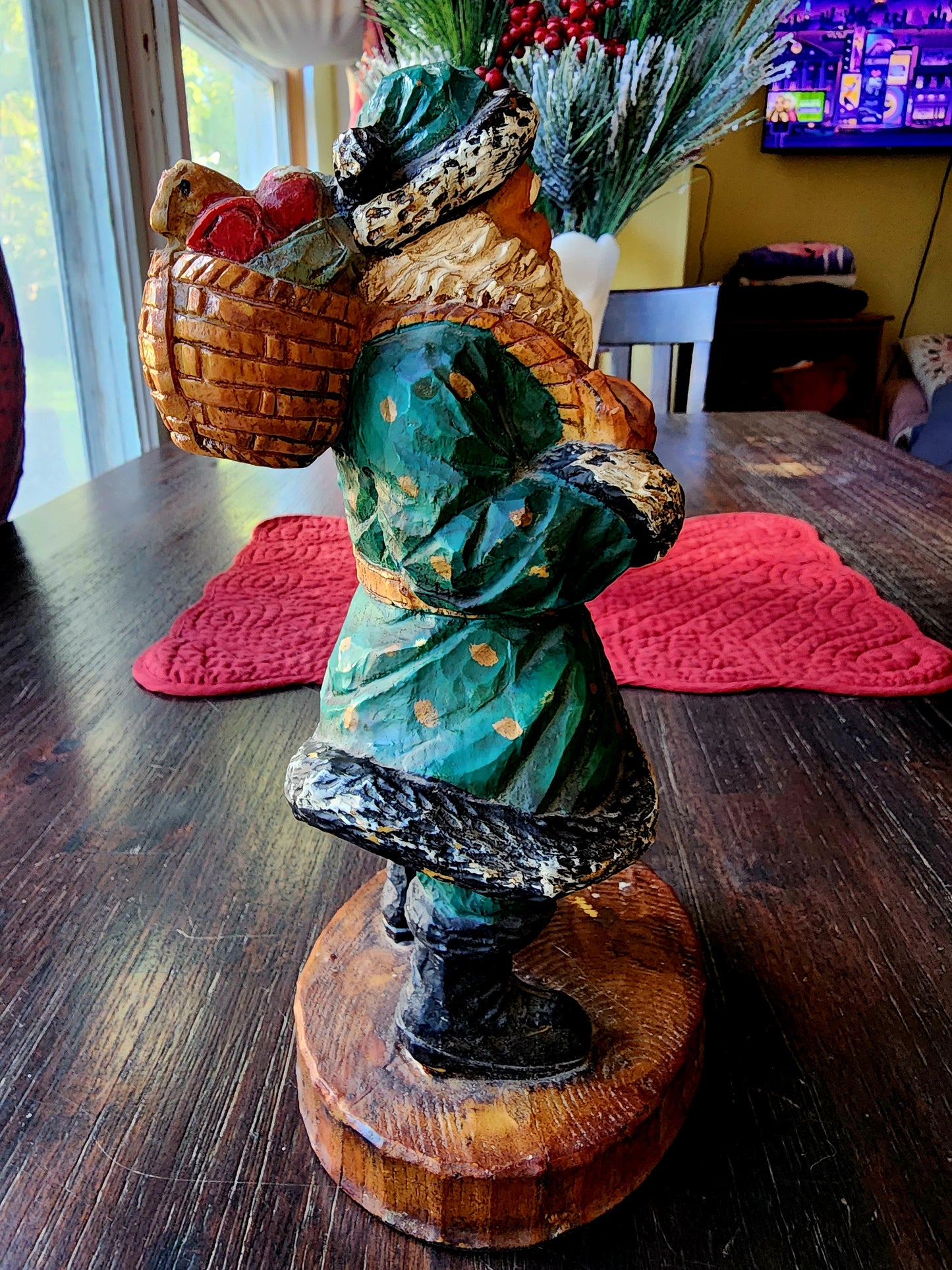 Wooden Vintage Folk Art Green Suit Santa Holding Lantern and Sack of Toys