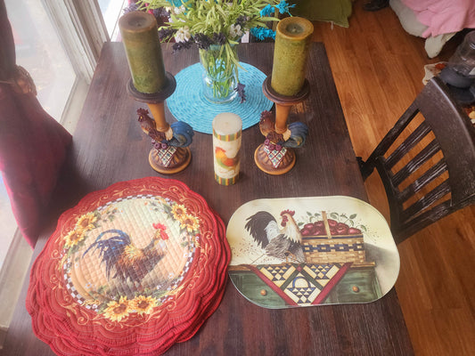 Vintage Rooster Kitchen Set - Candle Holders, 3 Candles, & Placemat Sets
