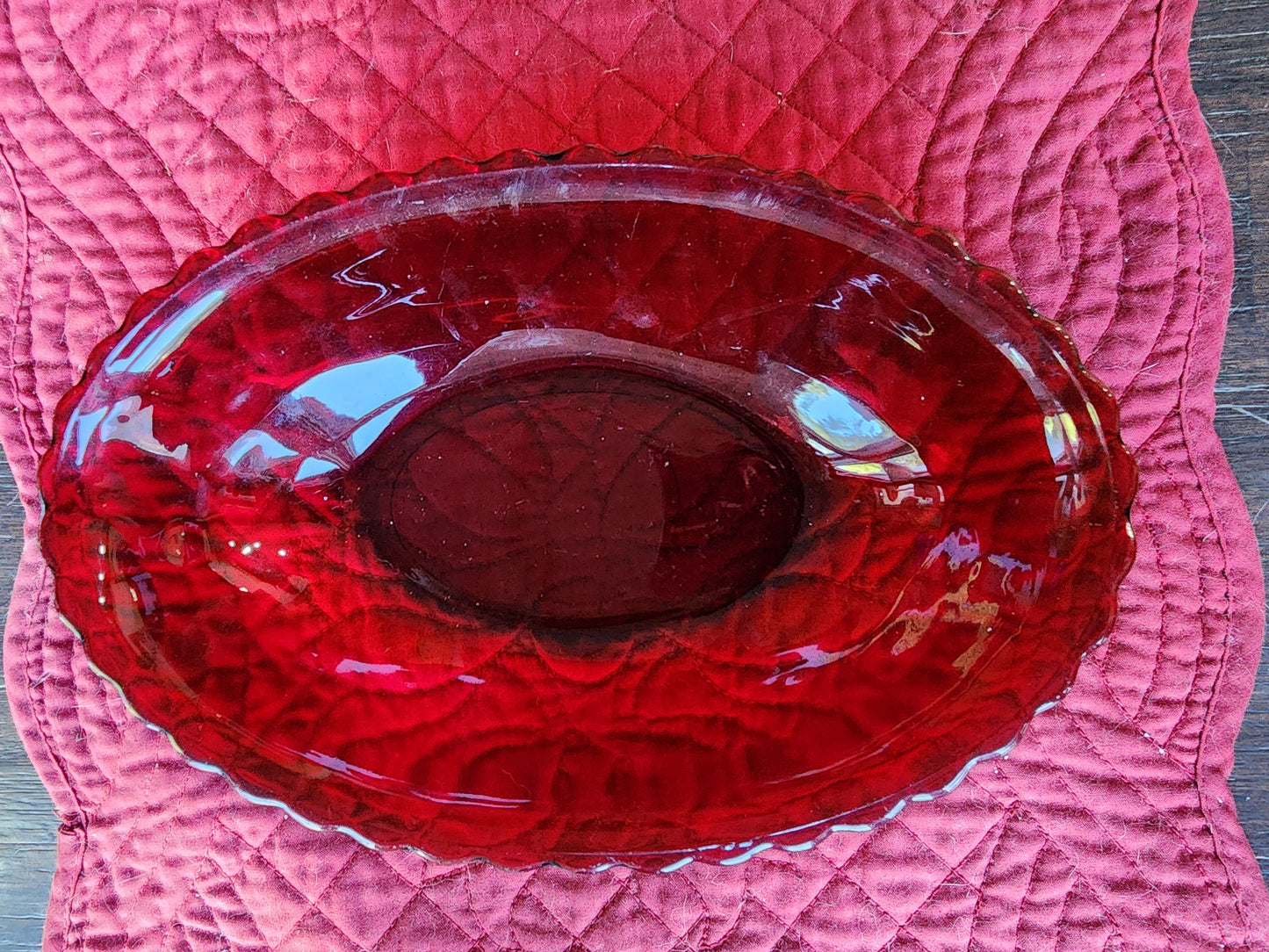 Vintage Oval Rub Red Ruffle Edge Serving Bowl Glass 8 1/2 inches